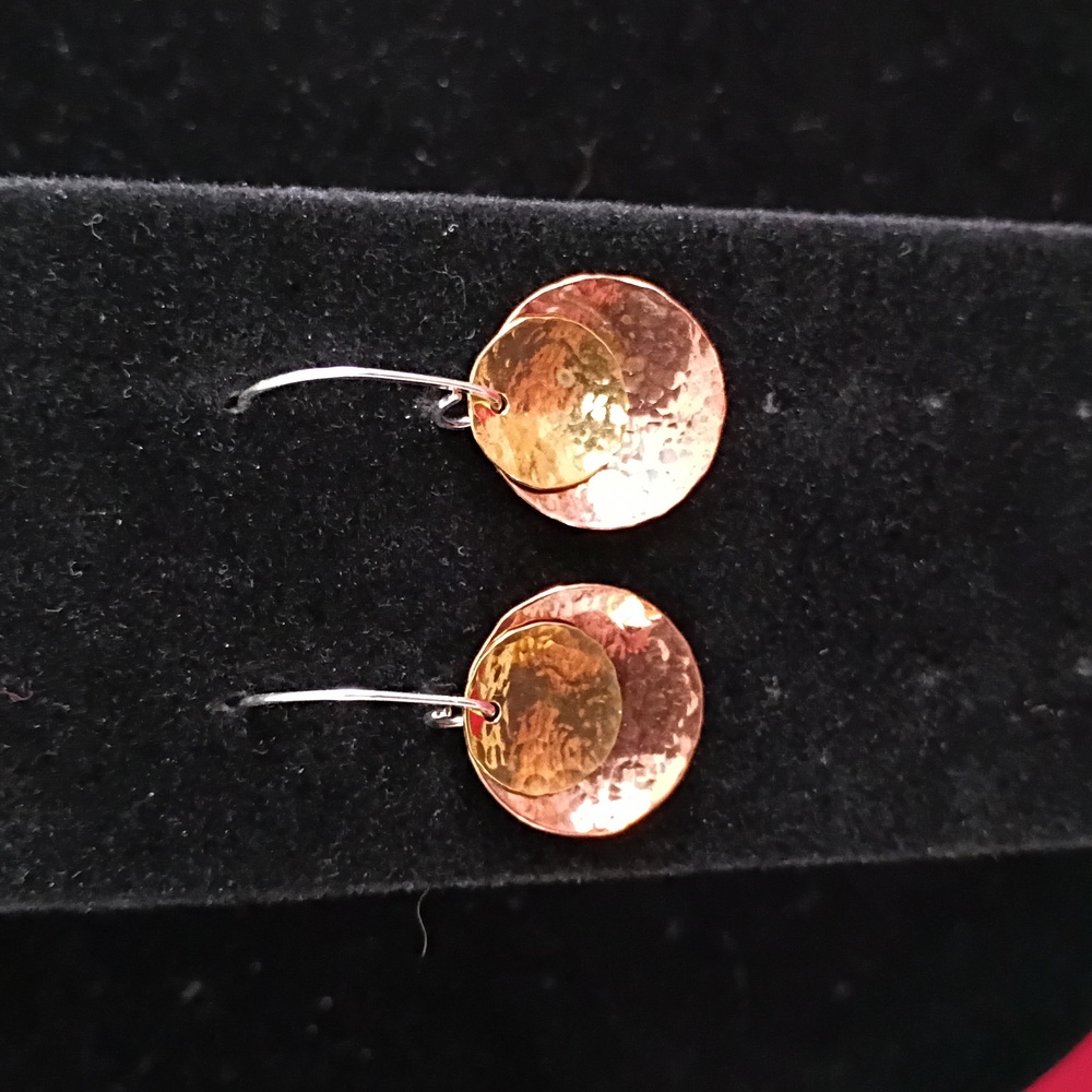 Chic Brass and Copper Hammered Earrings with 925 Wire Hooks